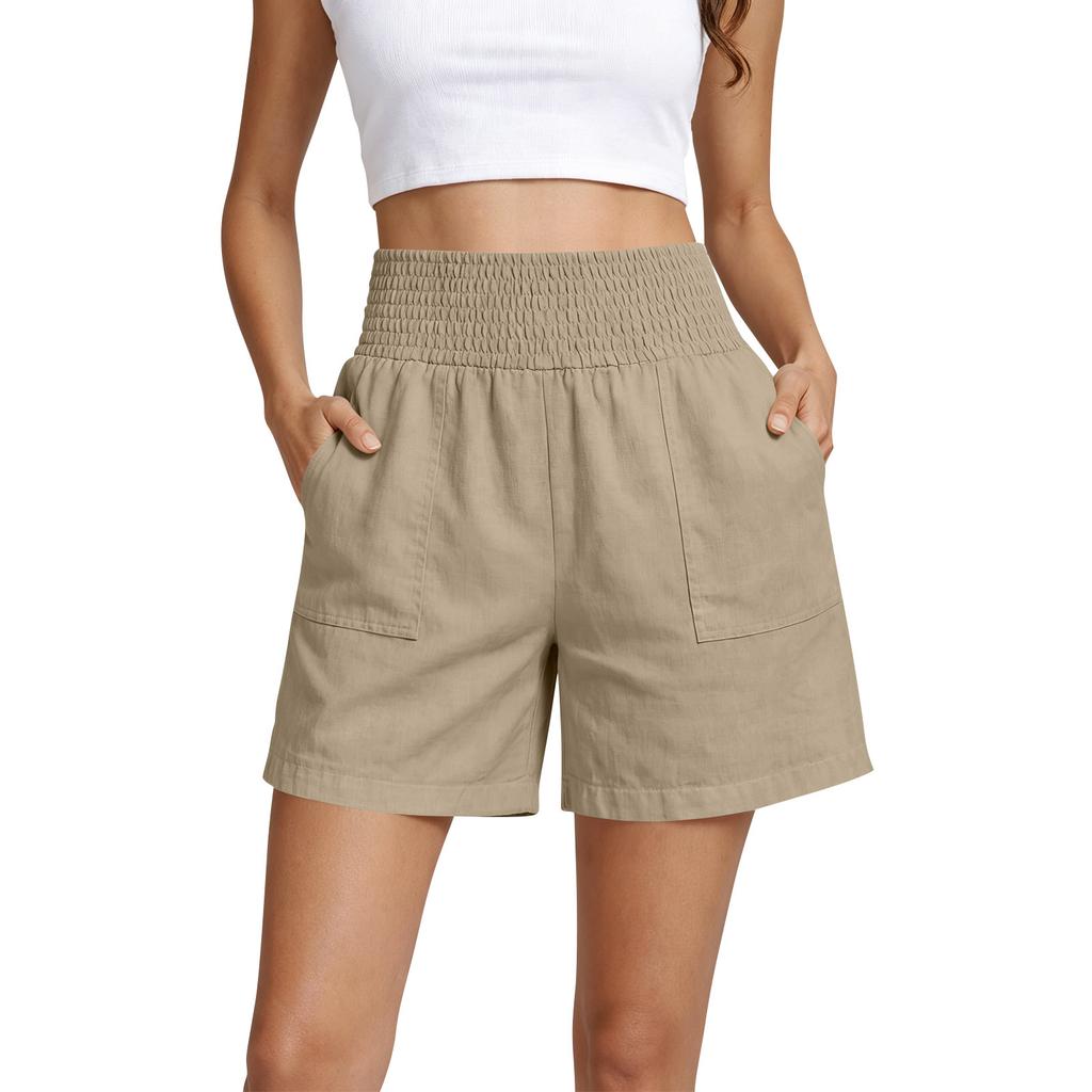 High Waist Elastic Waistband Casual Shorts for Women Loose Fit Cotton Summer Shorts with Pockets Lightweight Design
