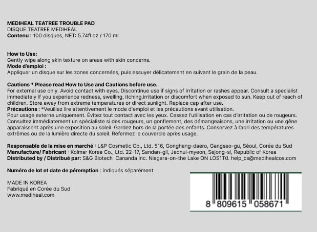 MEDIHEAL OFFICIAL Square Facial Toner Pads 100 Blemish Removal Korean Cosmetics (Tea Tree) Sheets, 170ml, Pads,