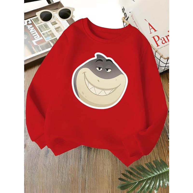 Kids Unisex Crewneck Sweatshirt, Cool Smiling Cartoon Shark Head Print Long Sleeve Pullover, Soft Kids Sweatshirt For Boys Girls Over 4 Years Old