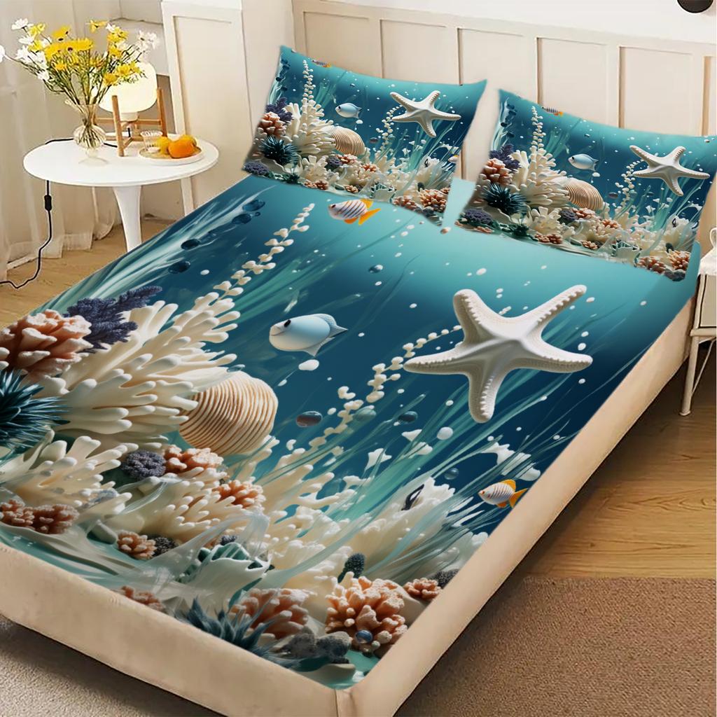 3pcs Fitted Sheet Sets 3D Printed Coral Reef Seaworld Soft Washable 100% Polyester Flat Sheet With 2 PillowcasesHome Decoration