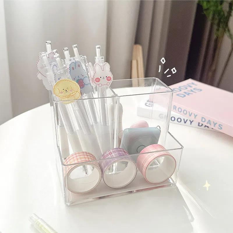 Simple Acrylic Transparent 3 Grids Pen Holder Box Make Up Brush Container Cosmetic Organizer Student Desktop Pen Storage Box