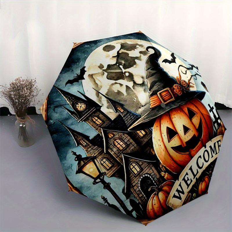 Halloween Welcome Sign with Witch Hat PumpkinFull Moon DecorUmbrella, Portable 3-Fold Compact Umbrella for Men & Women Gift