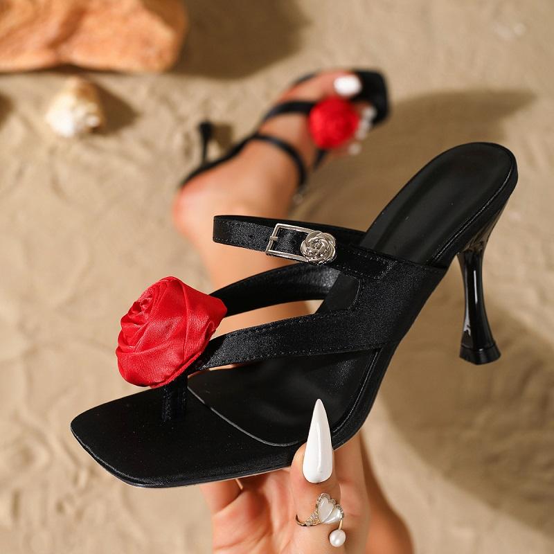 Eilyken Street Style Fashion Satin Clip Square Toe Flower Buckle Strap Woman Slippers Summer Thin High Heels Ladies Slides Shoes