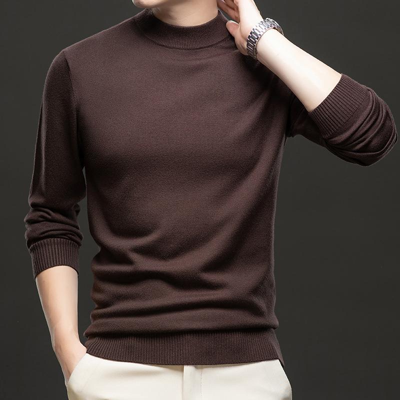 Autumn And Winter Men'S Slim Fit Solid Color Bottom Top Warm Sweater Knitted Sweater Semi-Turtleneck Pullover Men'S Clothing