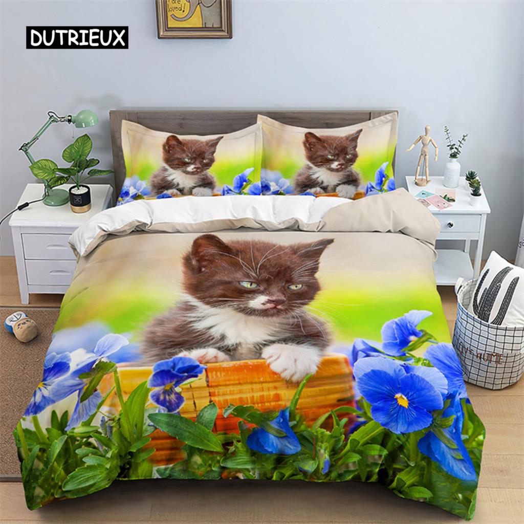 3D Cat Print Duvet Cover Floral Bedding Set Twin Full For Kids Girls Boys Room Decor Luxury Microfiber Funny Animal Quilt Cover