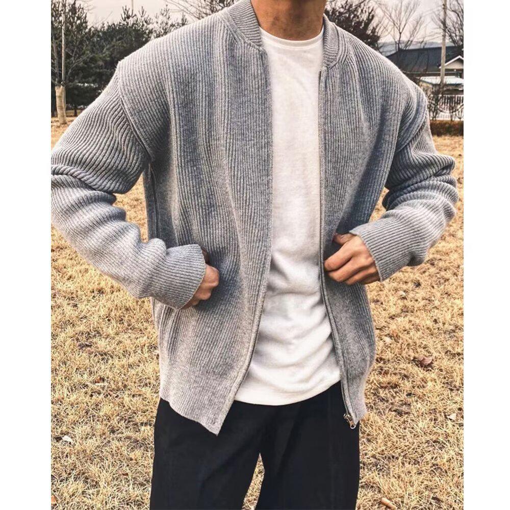 Men's Double Zipper Japanese Style Knit Cardigan Sweater - Autumn/Winter Fashion, Versatile Casual Outerwear.