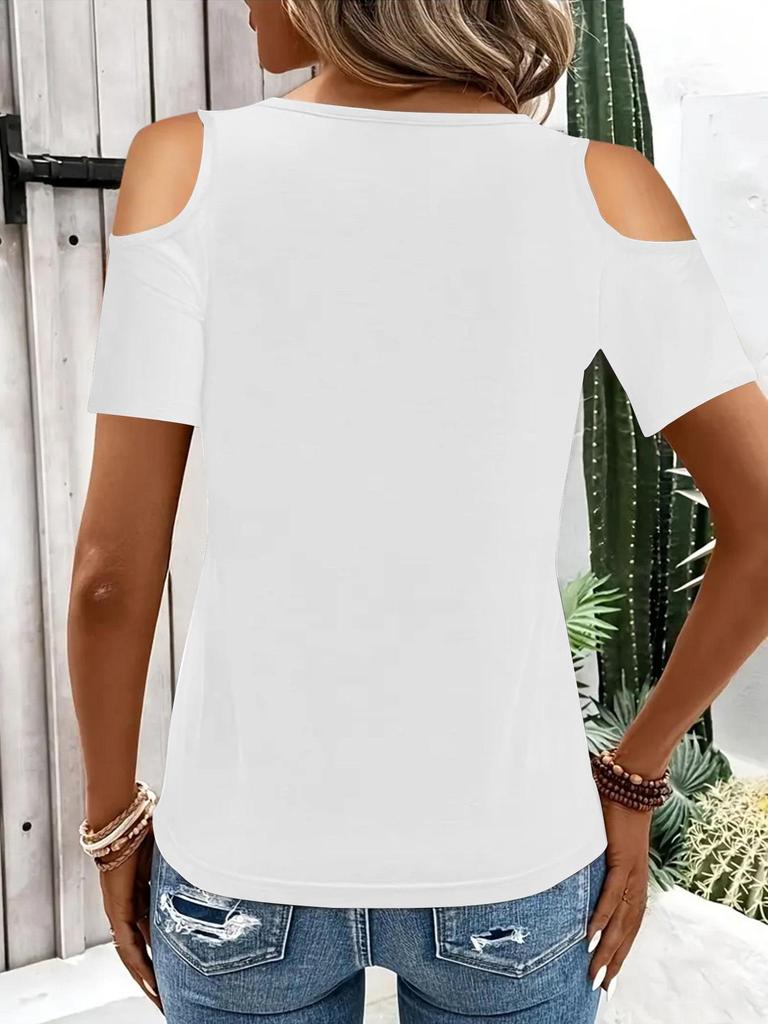 2025 Women's Solid Color V-Neck Off-Shoulder Short Sleeve Loose T-Shirt