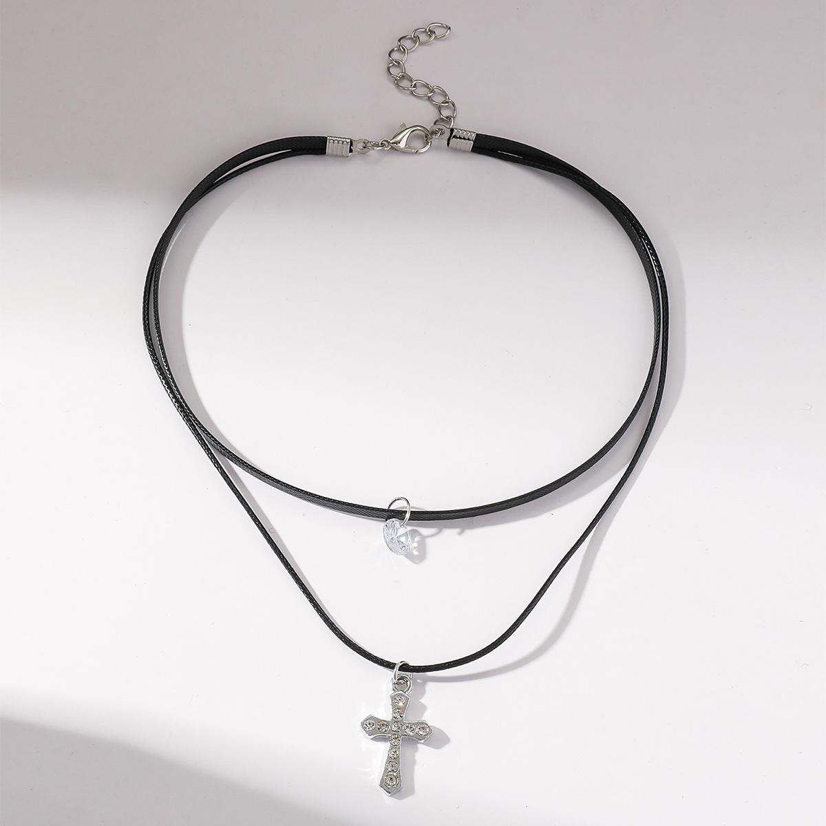 

Черная кожаная веревка ожерелье женская двойная цепочка на шею простая цепочка на шею Mori temper кулон на крест