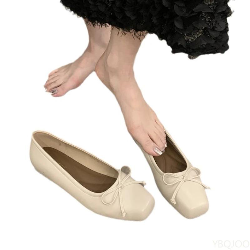 French Bow Ladies Shoes 2025 New Shallow Mouth Shoe Fashion Elegant Flats Women's Square Toe Comfortable Shoes Zapatos Mujer