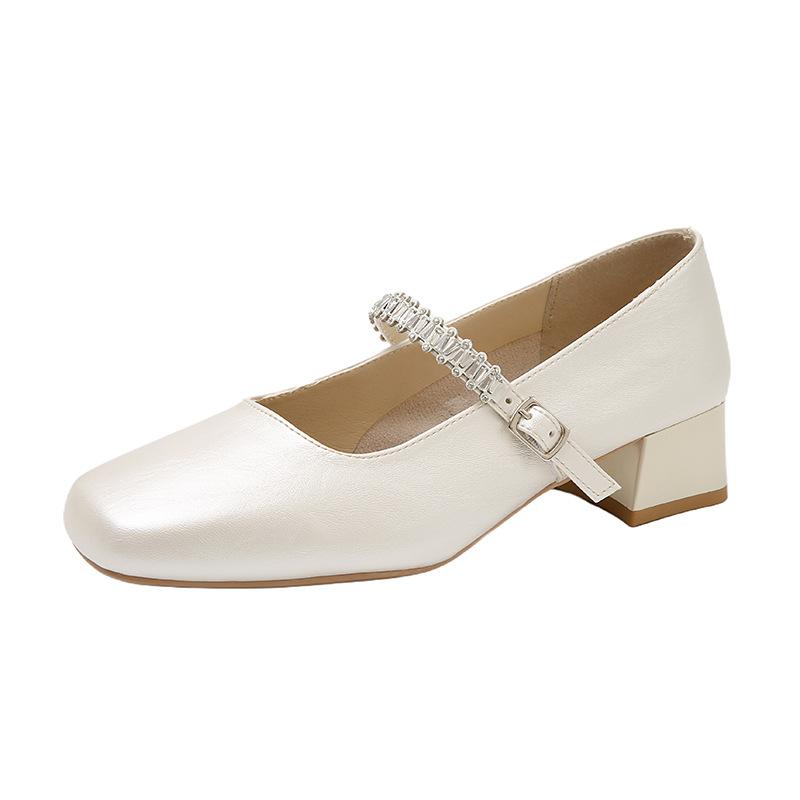 French thick heel with shallow mouth single shoes women's 2025 new summer mid-heel square head rhinestone Mary Jane small leather shoes