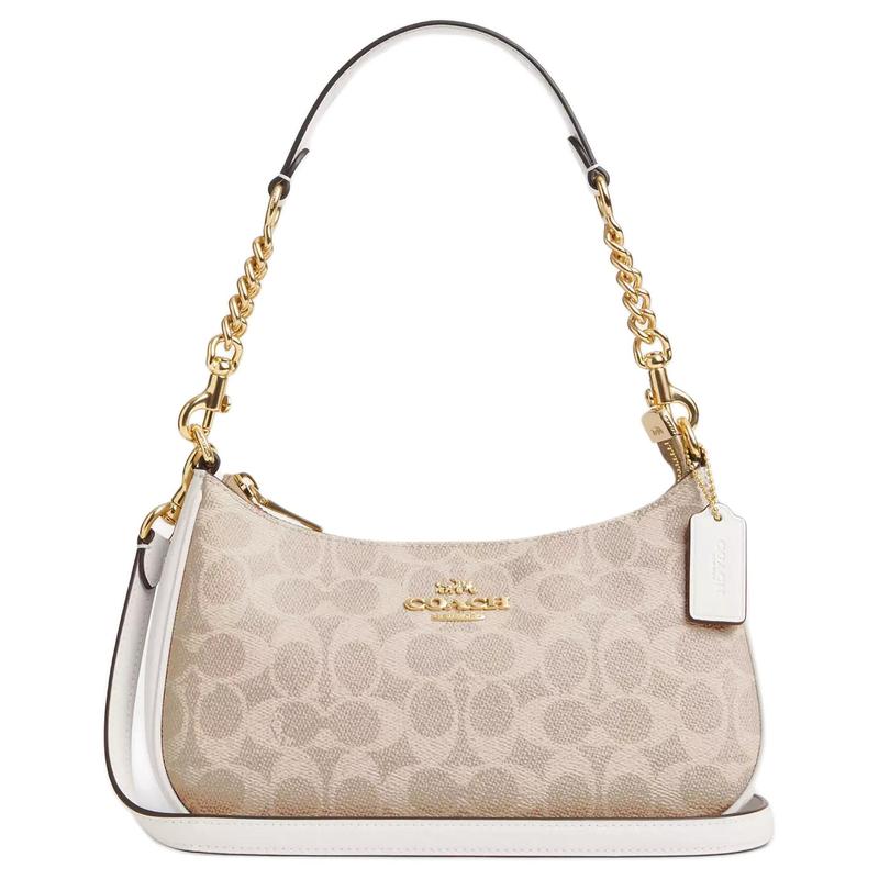 Coach Teri 24 Classic Presbyopia Logo Zipper Closure Coated Canvas Hand-held Crossbody Shoulder Bag Medium Size Women's Sand Color with Chalk White