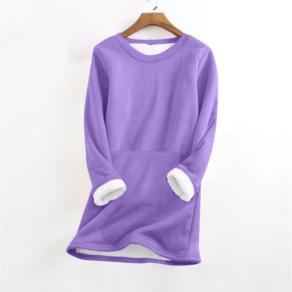 Women's Fashionable Solid Color Round Neck Long Sleeved Plush Warm Pullover Top