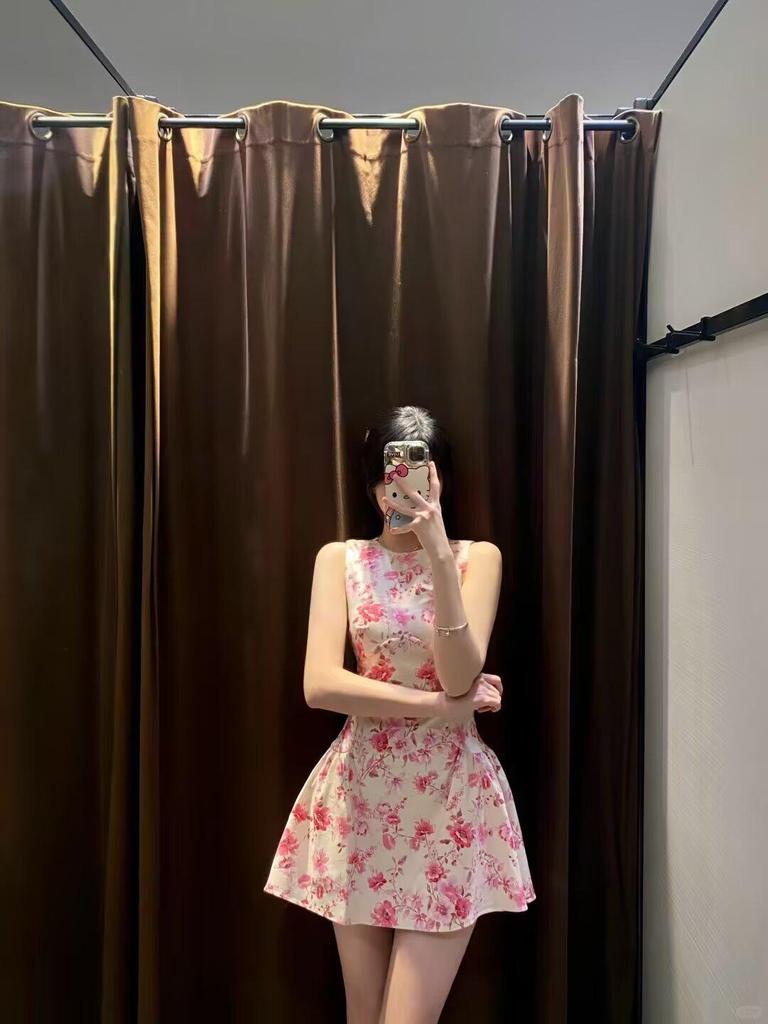 2025 Spring Women's Slimming French Floral Print Poplin Jumpsuit Dress