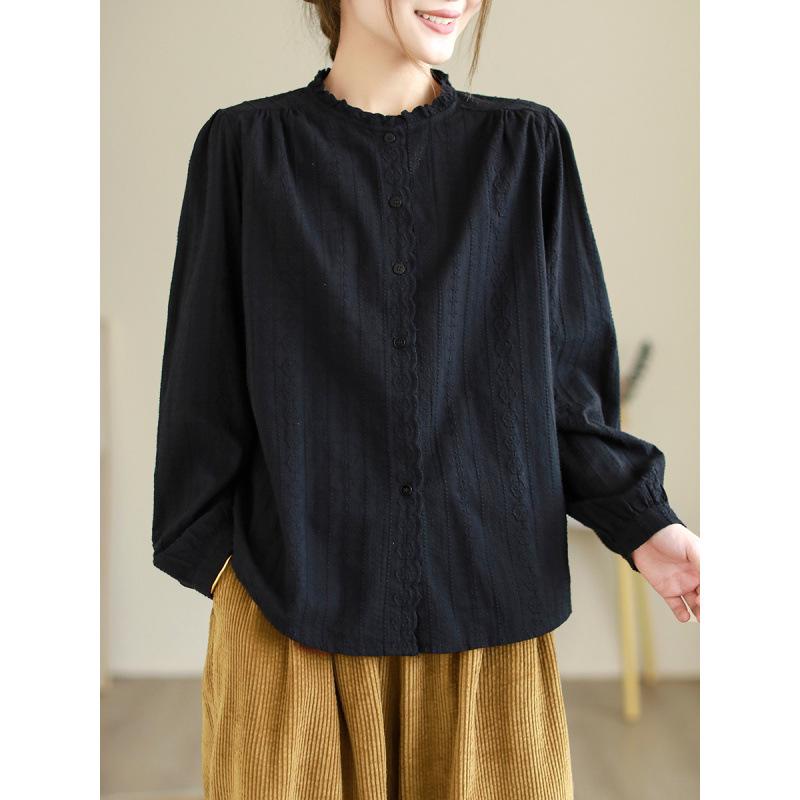 Women s Retro Cotton Linen Embroidered Ruffled Hem Shirt Extra Large