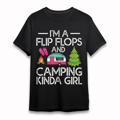 Damen T-Shirt Flip Flops Camping Kinda Girl Tee Kurz Schwarz Baumwolle Oversize