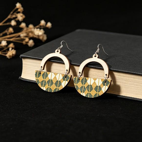 Bohemian Plaid & Stripes Retro Color Round Wood Dangle Earrings