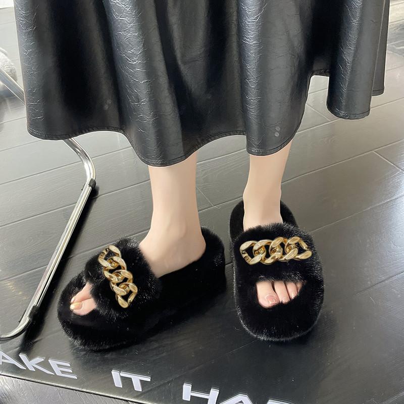Internet celebrity fairy fluffy slippers female outer wear thick bottom heightening non-slip autumn and winter ins home chain plush slippers