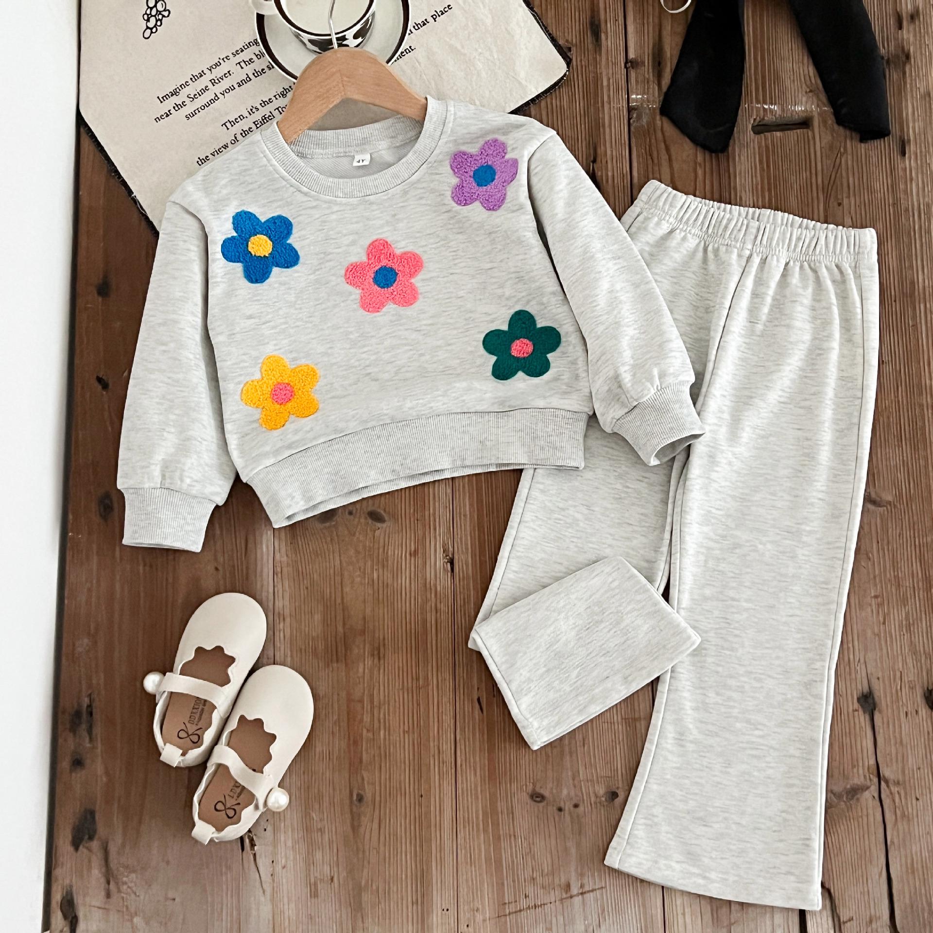 Autumn Korean Embroidered Hoodie & Flare Pants Set for Girls 6Y/130 серый