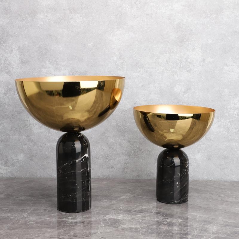 Metal Figurine Desktop Storage Container Candy Tray Flower Vase Metal Handicraft Marble Base Geometric Golden Fruit Bowl