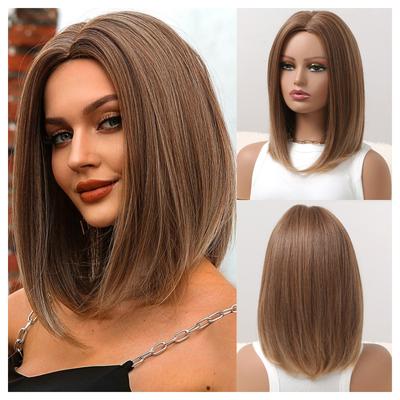 Moda loira peruca sintética médio longo ombre marrom com parte do meio para mulheres festa diária perucas cosplay fibra resistente ao calor