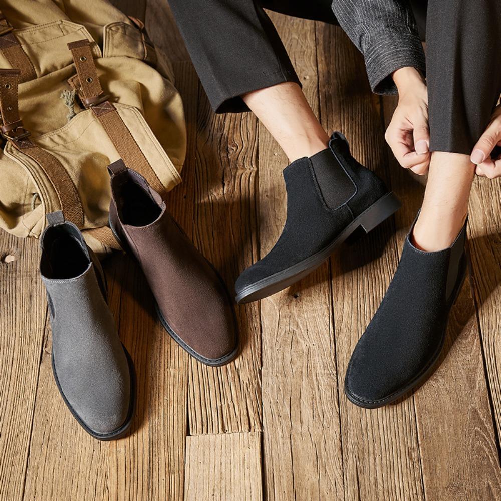 Men Genuine Leather Martin Boots British Style High Top Suede Chelsea Boots Mid Calf Shoes