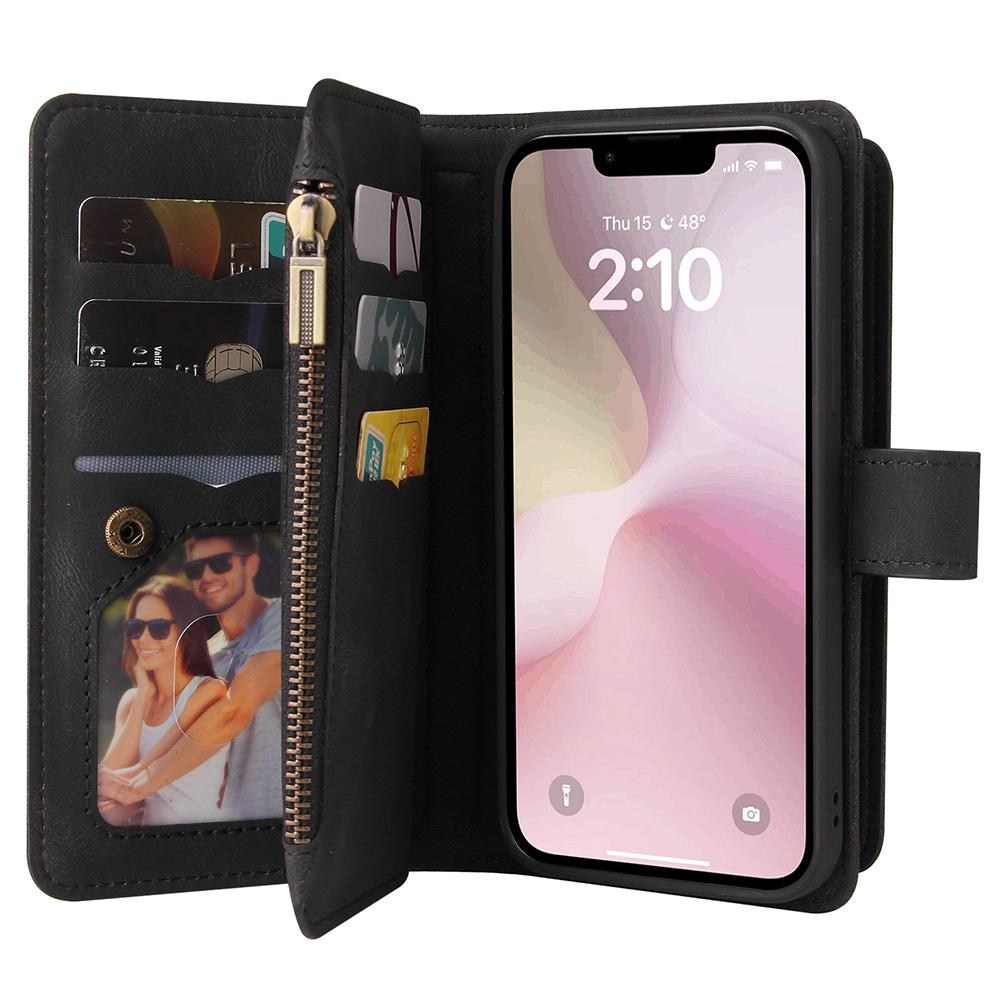 For iPhone 16e Zipper Wallet Case with 15 Card Slots and Strap Leather Phone Cover