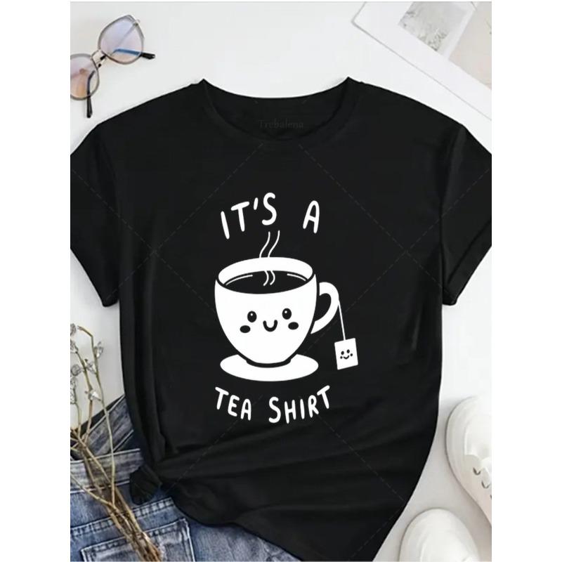 

WOMEN S Tea Shirt Coffee Lover Graphic Tee | Cute Red T-Shirt With Humor Slogan, Round Neck, Short Sleeve, Casual Summer/Fall Top S чёрный