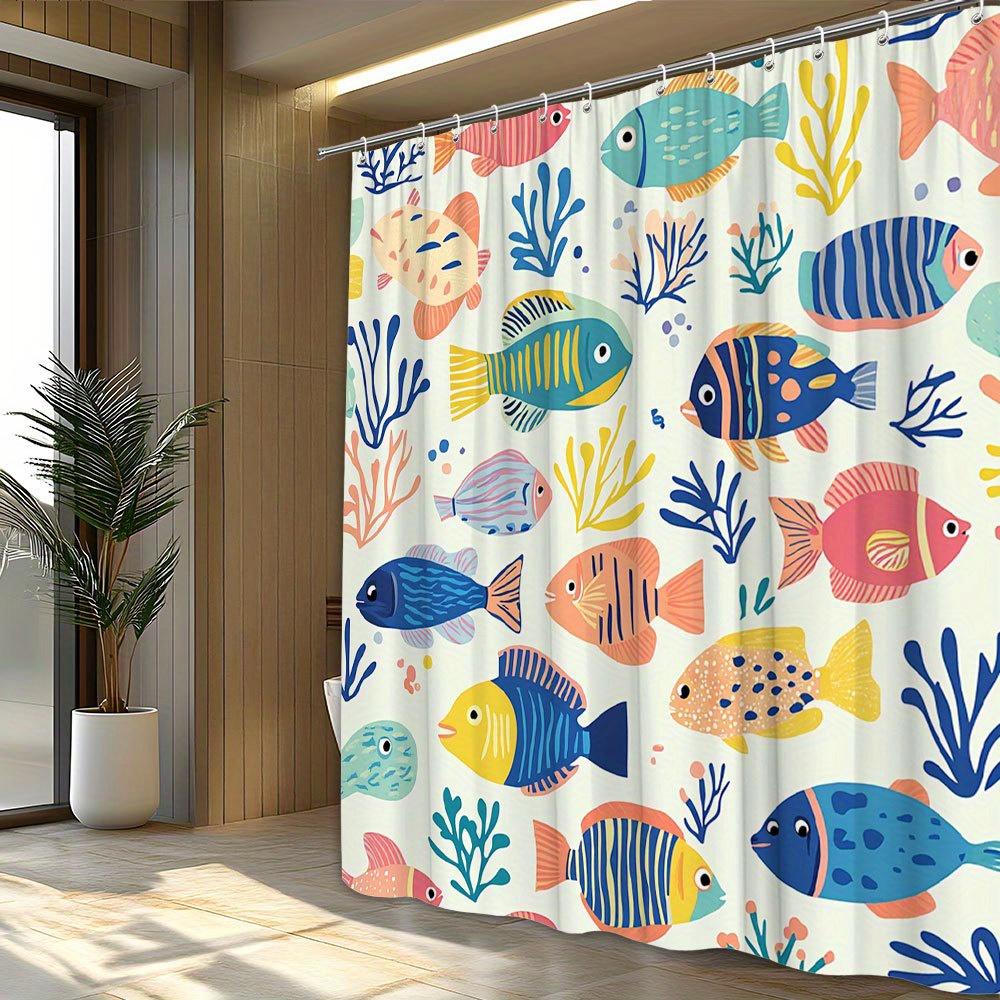 1pc Vibrant Underwater Fish and Coral Shower Curtain - Polyester Fabric, Colorful Ocean Design, Ideal for Bathroom Decor