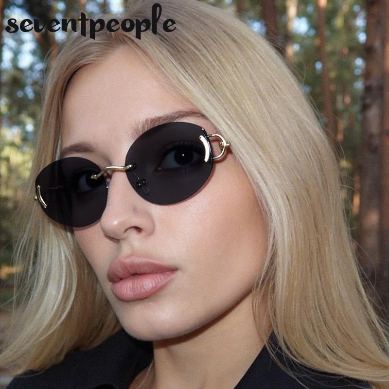 Small Frame Oval Frameless Sunglasses Women  Luxury Brand Vintage Metal Punk Sun Glasses For Ladies Trendy Outdoor Shades