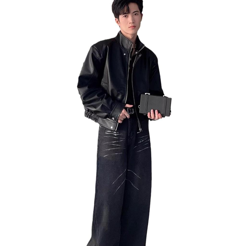 Hong Kong Retro Stand Collar PU Leather Jacket: Men's Trendy, Loose, Padded Shoulder, Motorcycle Style for Spring and Autumn.