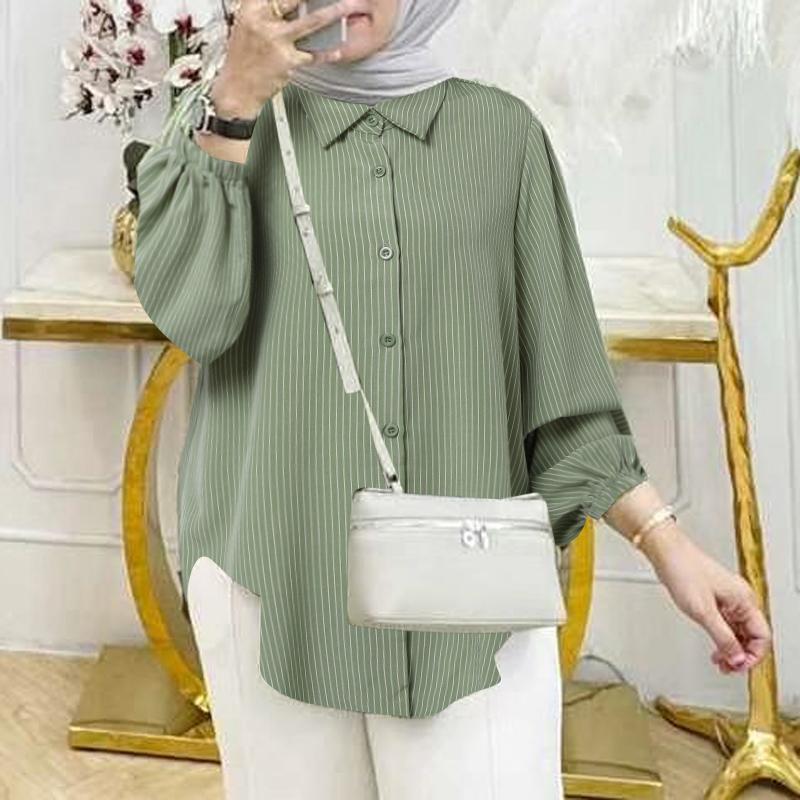 

ZANZEA Весенняя повседневная блузка в полоску с отложным воротником и рукавом девять четвертей S зелёный