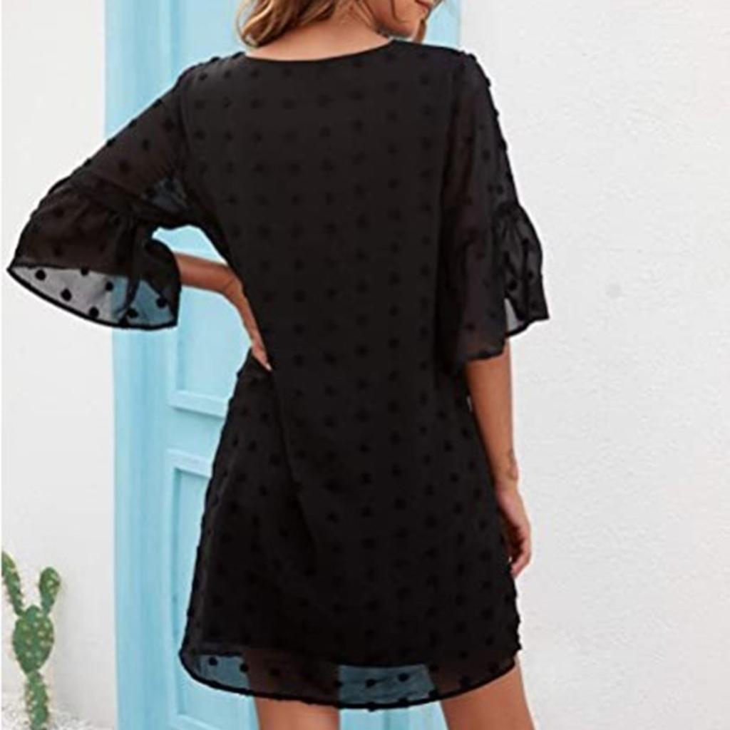 Women's  Small Fresh Casual Solid Color Loose Straight Trumpet Short-sleeved Jacquard-chiffon Stitching V-neck Dress