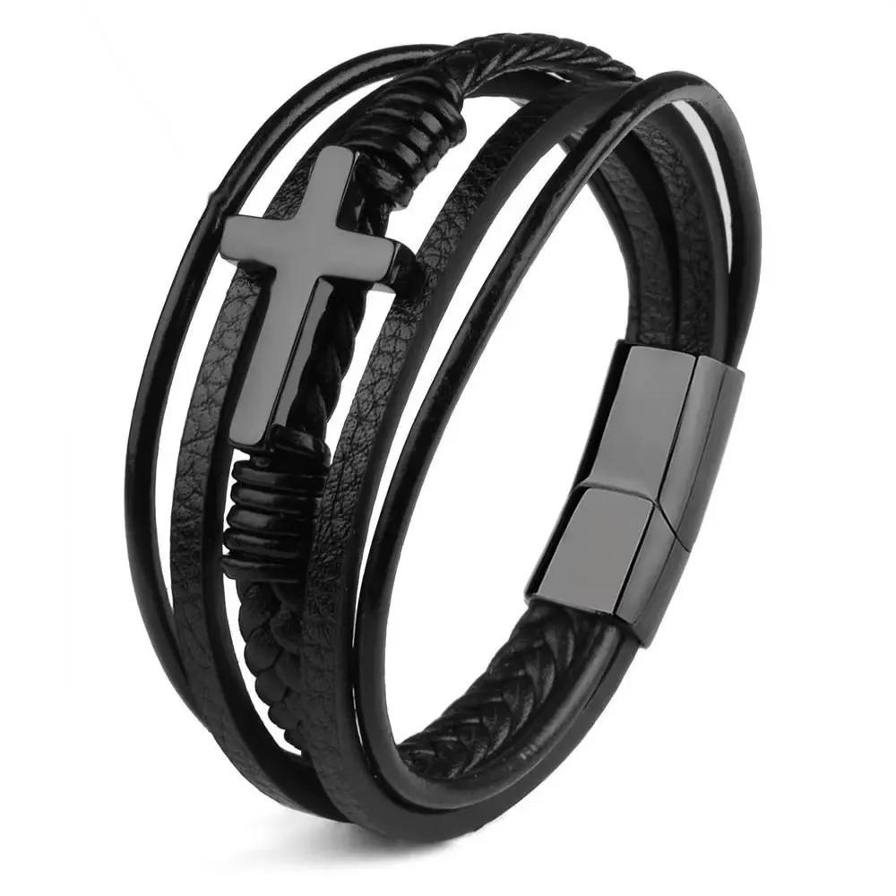 Punk Style Multilayer Leather Cross Stainless Steel Bracelet for Men Personality Hand Woven Magnet Buckle Bangle Hip Hop Jewelry