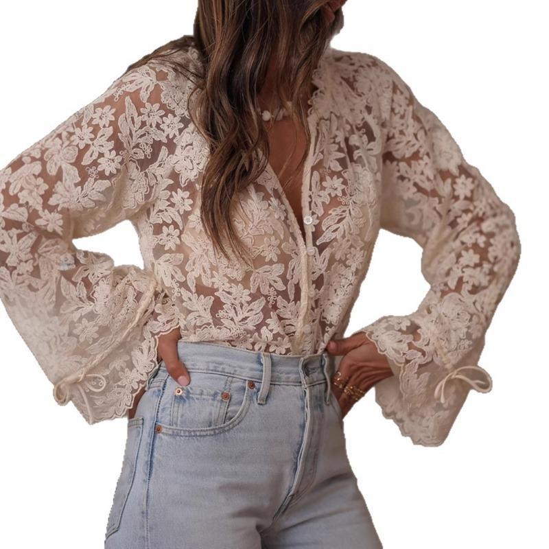 2025 Nová Móda Průhledná Síťovaná Krajková Košile Elegantní Korejská Vyšívaná Sladká Halenka Sexy Volná Ležérní Slim Fit Jarní Dlouhý Rukáv Šněrovací Háčkované Topy