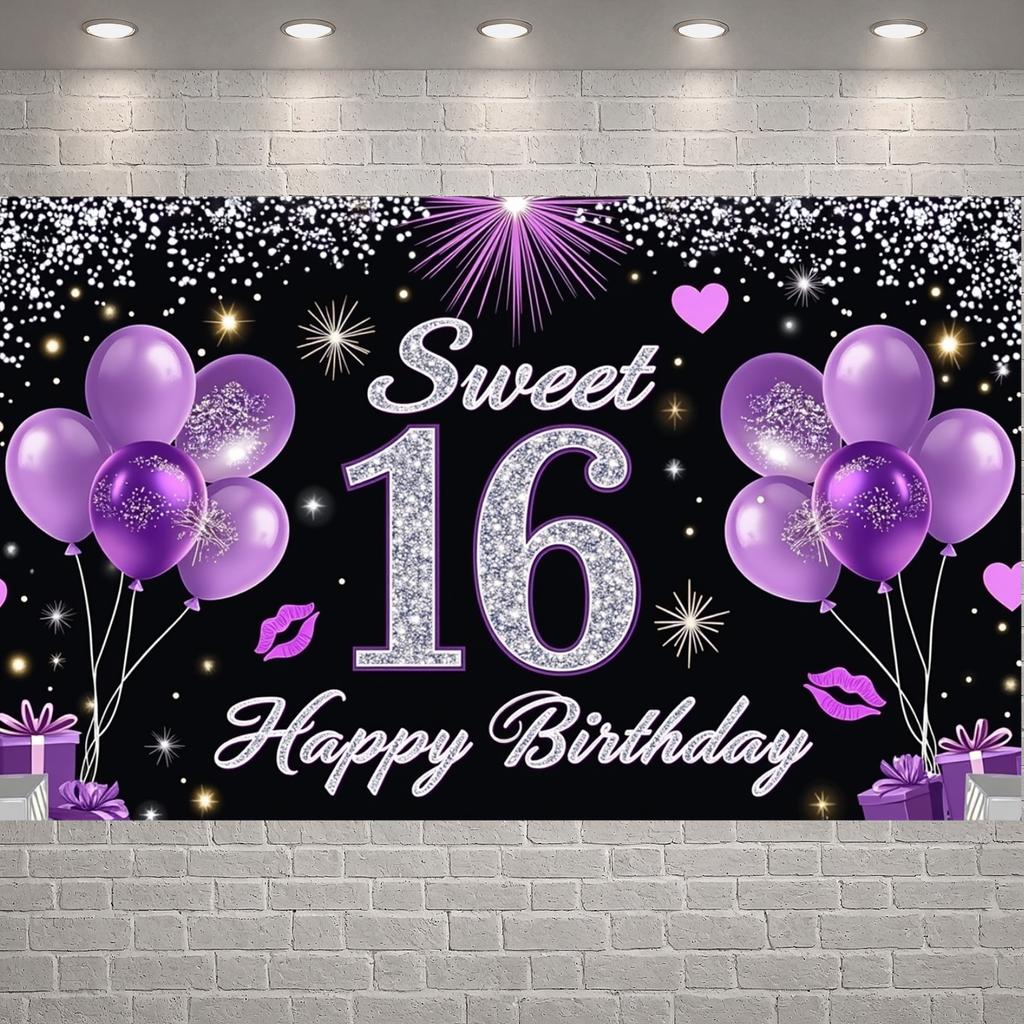 16th Birthday Display Heart Accent Sweet 16 Banner Backdrop Golden Number Sweet Celebration Display For Photo Backdrop Birthday