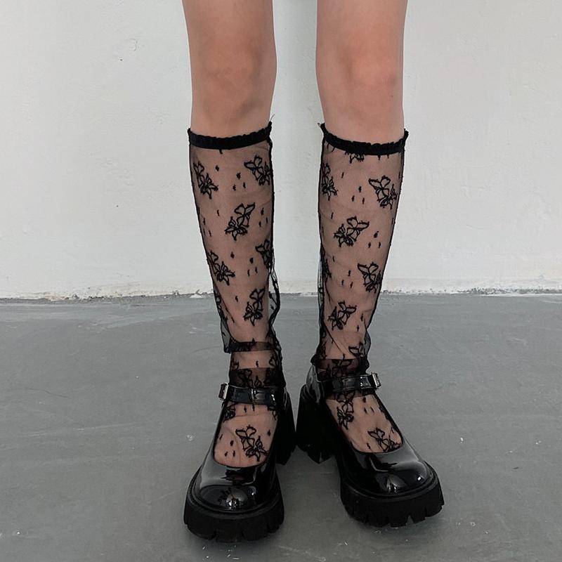 Лолита Белые Кружевные Носки Летние Тонкие Сетчатые Цветочные До середины икры Чулки Девочки JK Черные Сексуальные Очаровательные Высокие Чулки Женские One Size чёрный