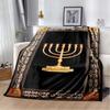 Golden Menorah Star David Red Floral Vintage Frame Black Print Soft Flannel Throw Blanket Sofa Bed Religious Holiday Warm Decor Cover