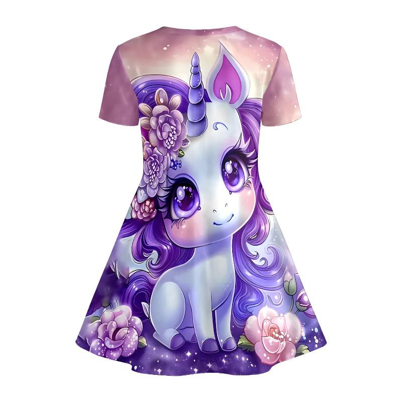 Lila Blume Einhorn Print T-Shirt Kleid für Mädchen, Ein glänzendes Freizeitkleid für Tierliebhaber Kinder, Geeignet für Geburtstagsgeschenke