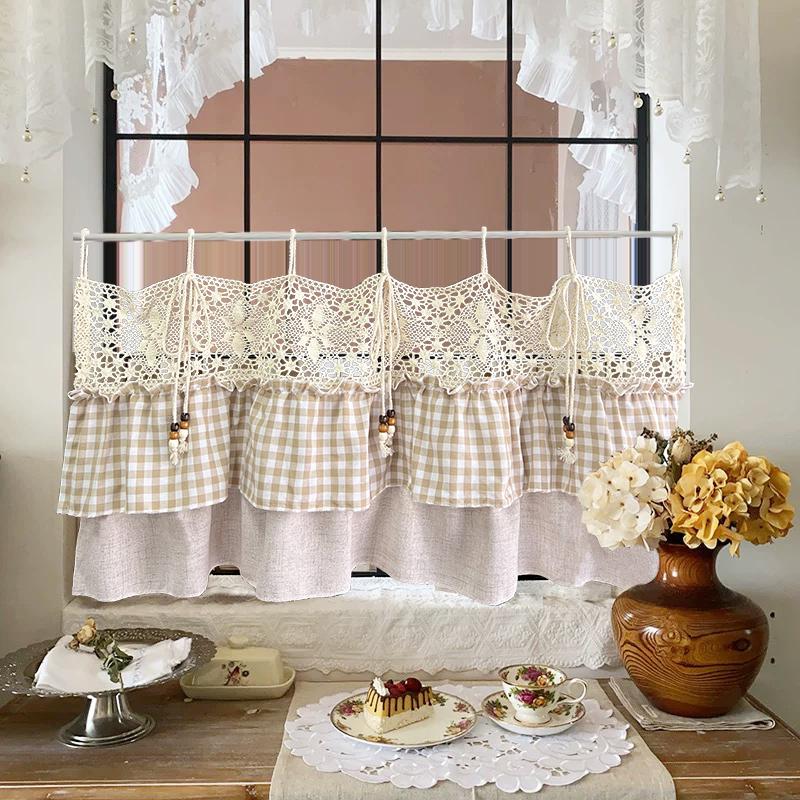 Koreaanse Creatieve Geruite Ruches Cafe Gordijn Voor Keukenkasten Boheemse Haakwerk Uitgesneden Kort Gordijn Voor Vakantiewoning Boerderij W100 x H50cm 1Piece&Tab top