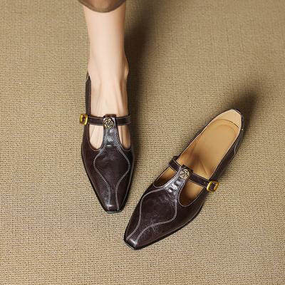 Retro Square Head Flat Bottom Low Heel Medium Mouth Single Shoes Women's T-buckle Belt Mary Jane Small Leather Shoes