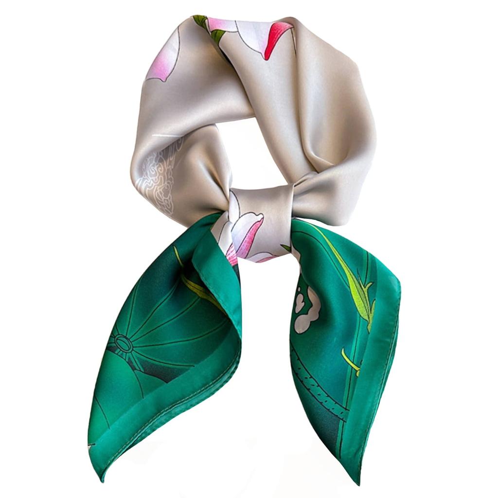 Satin Scarf 70x70 - Cream with Lotus Flower and Green Frame