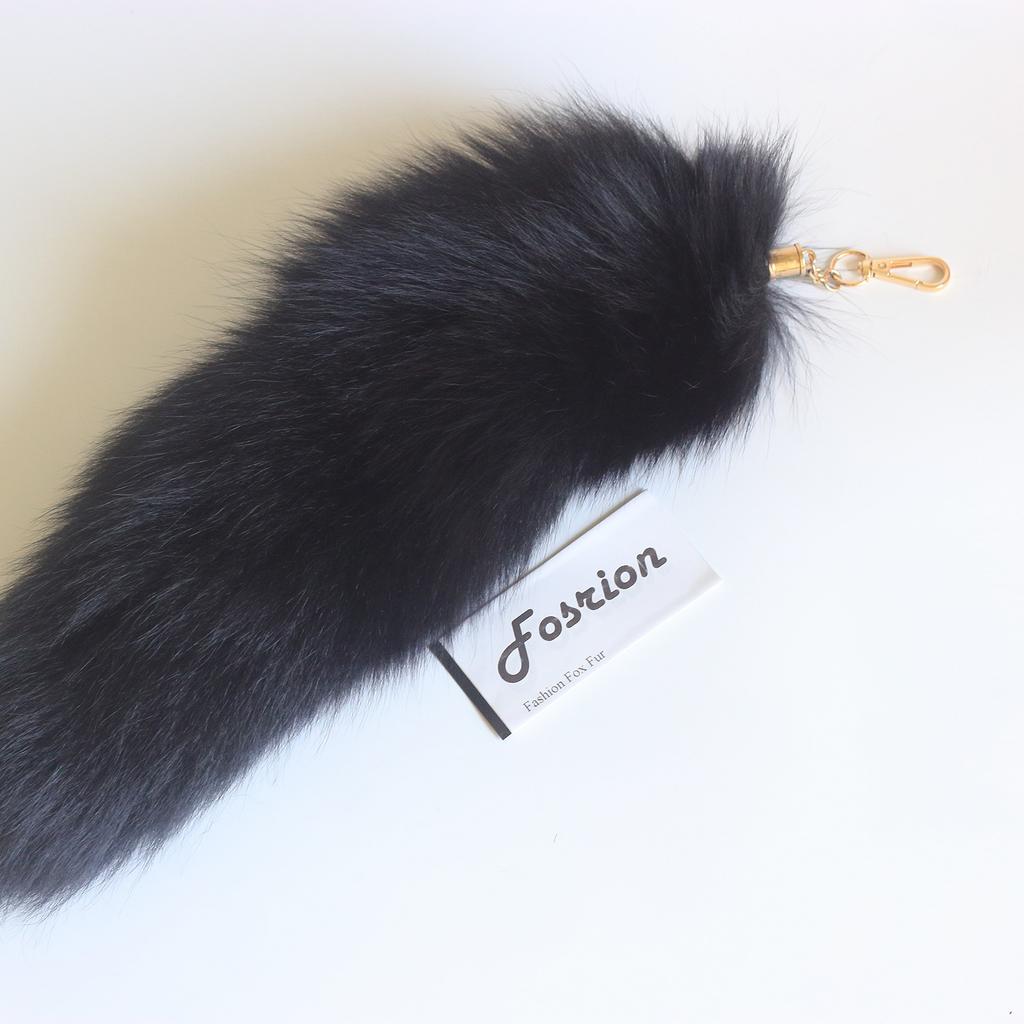 Fosrion 16.5'' Super Huge Fluffy Black Real Fox Tail Fur Halloween Cosplay Toy Handbag Accessory Keychain Ring Hook Fashion