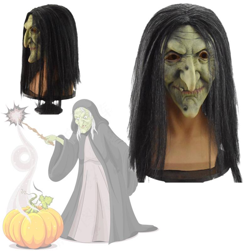 Klassische böse Hexen-Latexmaske für Halloween-Party-Kostüme mit gruseligen schwarzen Haaren