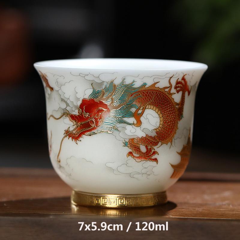 Sheep Fat Jade Porcelain Tea Set High End Personal Master Cups Dragon and Phoenix Pairs Counter Mouthed Cups