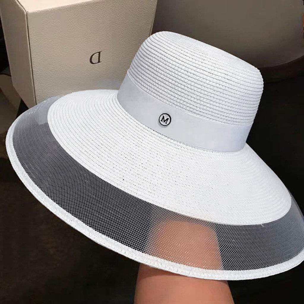 Summer Large  Sun Shading And Sun  Hat, Fashionable Vacation Beach Mesh And Straw Woven Patchwork Sun Hat