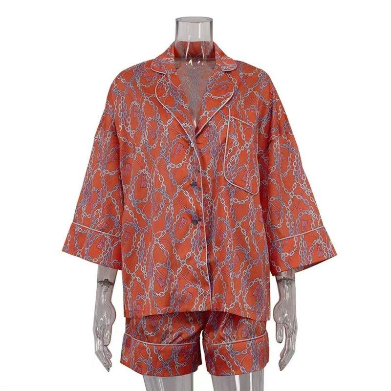 

Western Style New Loose Print Cardigan Shirt Shorts Set Printed Top and Shorts Set Orange color L