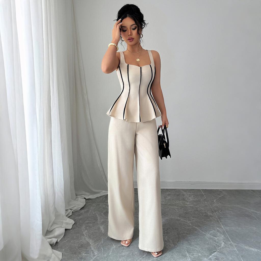 Elegant and Refined Style Halter Top, Solid-color Long Pants Set for Women's Summer