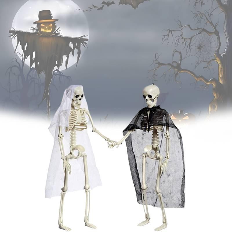 Festive Halloween Skeleton Couple Decorative Props Realistic Plastic Bride Groom Design 21x10cm