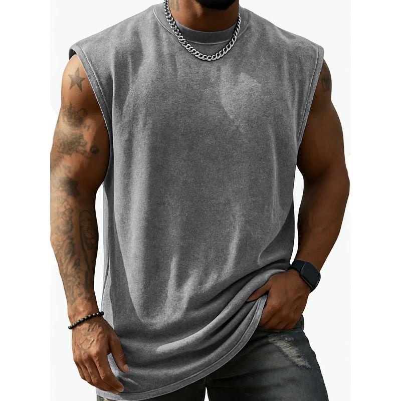 Men Washed Sleeveless Tank Top Crew Neck Multi Color Casual Gym Vest