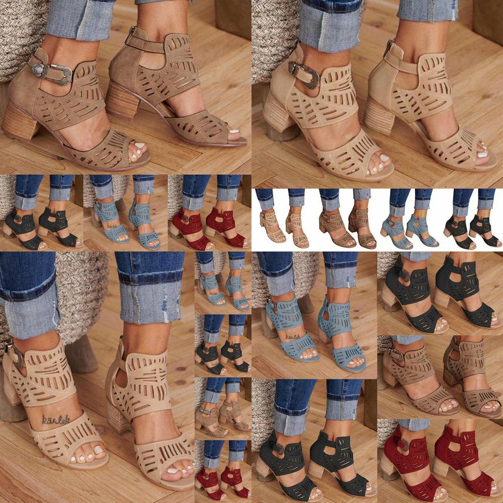 Elegant Women Chunky Block Heels Sandals With Peep Toe And Ankle Strap Buckle